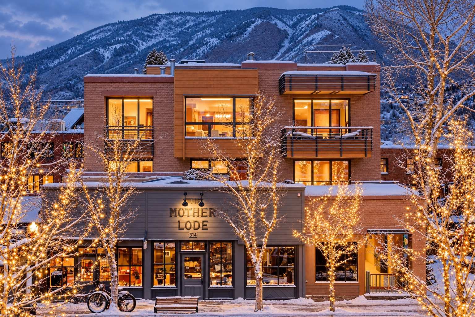 The Mother Lode in Aspen on a winter evening, its windows lit under snow-covered Aspen Mountain