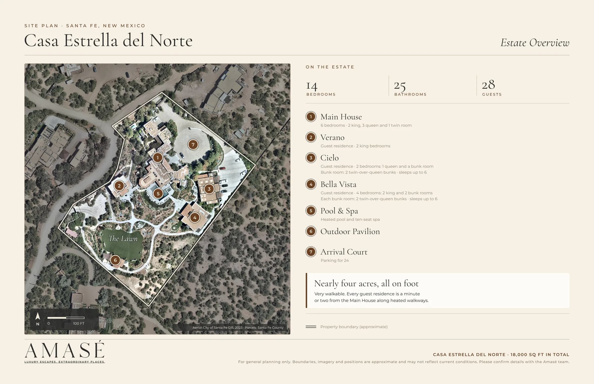 Site plan of Casa Estrella del Norte, Santa Fe: the Main House, Verano, Cielo and Bella Vista guest residences, the pool and spa, the outdoor pavilion on the lawn and the arrival court, on nearly four acres a minute or two apart on foot.