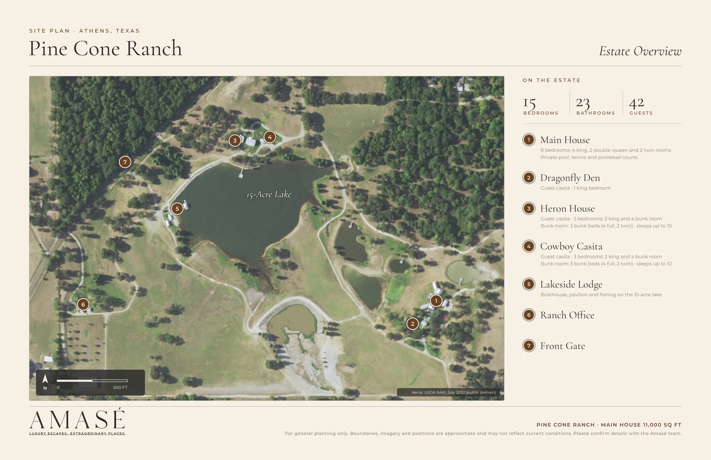 Site plan of Pine Cone Ranch, Athens, Texas: the Main House, Dragonfly Den, Heron House and Cowboy Casita, Lakeside Lodge on the 15-acre lake, the ranch office and the front gate.
